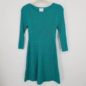Julie Brown Cable Knit Sweater Dress - Mini Teal‎ Green A Line Flare 3/4 Sleeves